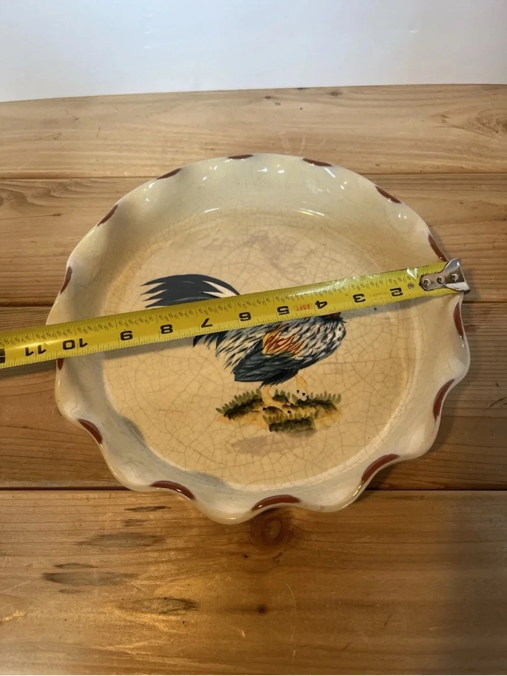 Rooster Pie Plate Dish 10” Scalloped Edge Farmhouse Cottage Core Rustic
